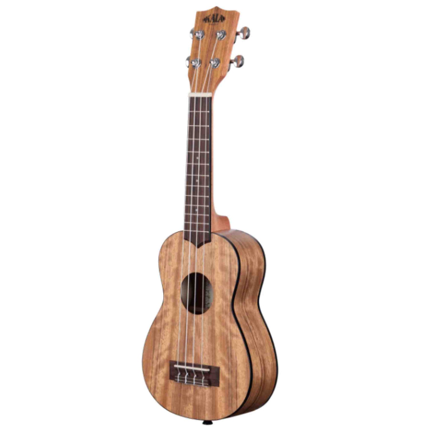 The image shows a soprano ukulele with a natural wood finish highlighting its grain. It has a classic figure-8 shape, a dark wood fretboard with white markers, four nylon strings, and chrome tuning pegs. The headstock features a brand logo. This quality small ukulele is ideal for beginners or intermediate players, known for its portability and bright, cheerful sound across various music styles.