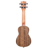 The image shows a natural wood ukulele with a traditional figure-8 body shape and visible wood grain. It has four black tuning pegs on the headstock, which is made from a slightly different wood. Likely a concert or tenor size, the instrument features a clean, classic design typical of acoustic ukuleles, suitable for beginners and experienced players.