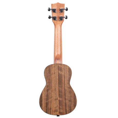 The image shows a natural wood ukulele with a traditional figure-8 body shape and visible wood grain. It has four black tuning pegs on the headstock, which is made from a slightly different wood. Likely a concert or tenor size, the instrument features a clean, classic design typical of acoustic ukuleles, suitable for beginners and experienced players.