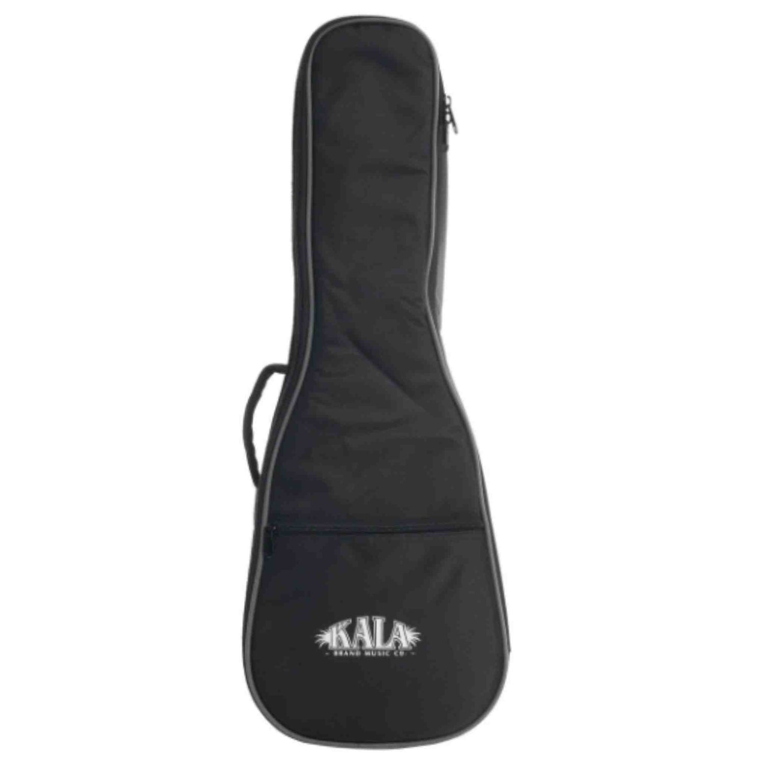 The image shows a black Kala ukulele gig bag made of durable fabric with padded protection. It features a zippered closure, a side carrying handle, and the classic compact ukulele shape, shorter and rounded compared to a guitar case. The Kala logo is visible near the bottom. This practical bag offers portability and protection for ukulele players.