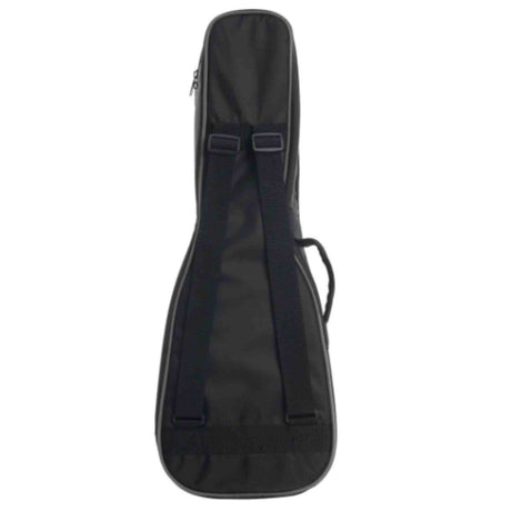 The image shows a black padded guitar gig bag made of durable fabric with a zippered top closure. It has backpack-style shoulder straps, additional front handles or straps, and a front pocket for accessories. Designed to protect and carry acoustic or electric guitars, this lightweight soft case is popular among musicians for easy transport to gigs, lessons, or practice.