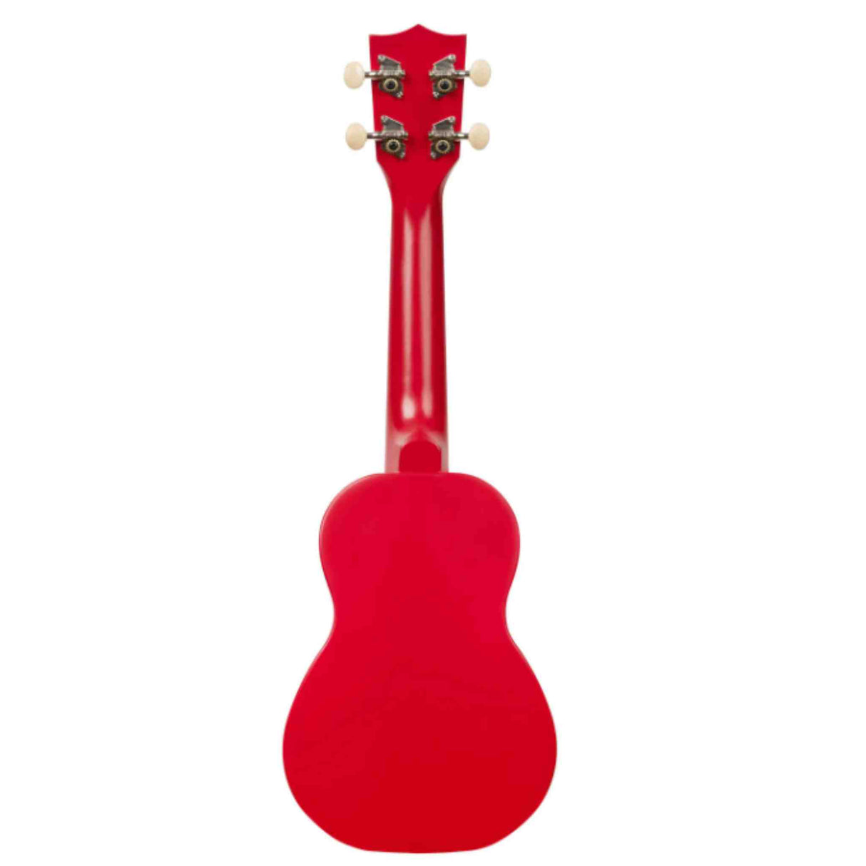 The image shows a bright red ukulele with a small, compact figure-8 body and four tuning pegs on the headstock. The glossy finish highlights its classic shape, likely a soprano or concert size. The ukulele is photographed against a white background, displaying the front of the body and the back of the headstock with visible tuning machines.
