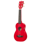 The image shows a red Makala ukulele with a small guitar-like body, four strings, and four cream-colored tuning pegs. It features a dark fretboard with fret markers, a round sound hole, and a small fish-shaped design near the bridge. The vibrant red finish covers the body and headstock, making it a visually striking instrument suitable for beginners and experienced players alike.