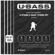 The image shows packaging for Kala U-BASS 4-string replacement strings, model RT-BASS-4, made in the USA. It features black packaging with white text, a toad/frog silhouette, and details specs: 20-21" scale, strings tuned G-D-A-E, gauges .125-.200 in. Notes compatibility limits with Kala Solid Body U-BASS magnetic pickups and possible extra setup for metal strings.