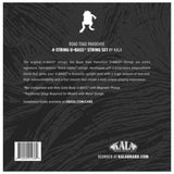 The image shows packaging for Kala Brand Music Co.'s Road Toad Pahoehoe 4-string U-BASS strings. These proprietary black rubber polyurethane strings offer a light-tension, upright bass tone with smooth playability. The dark wood-grain package includes the Kala logo, barcode, and reorder website. Notes mention incompatibility with solid-body U-BASS models with magnetic pickups and direct users to UBASS.COM/CARE for installation help.