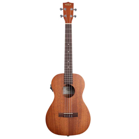 The image shows a concert or tenor-sized ukulele with a natural reddish-brown wood finish and a traditional figure-8 body. It has four strings, a dark wood fretboard with white dot markers, and a wooden bridge. The headstock features four chrome tuning pegs and a faint brand logo. A visible pickup near the sound hole indicates it is an acoustic-electric model, suitable for both unplugged and amplified play.