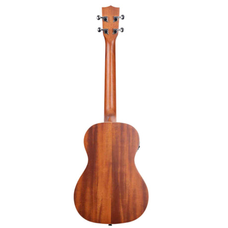 The image shows the back of a wooden ukulele with a natural, reddish-brown grain finish, likely mahogany. It features four tuning pegs, a compact body typical of concert or tenor sizes, and a strap button or output jack at the bottom, suggesting it is an acoustic-electric model. The design is clean and well-crafted, suitable for beginners and experienced players.