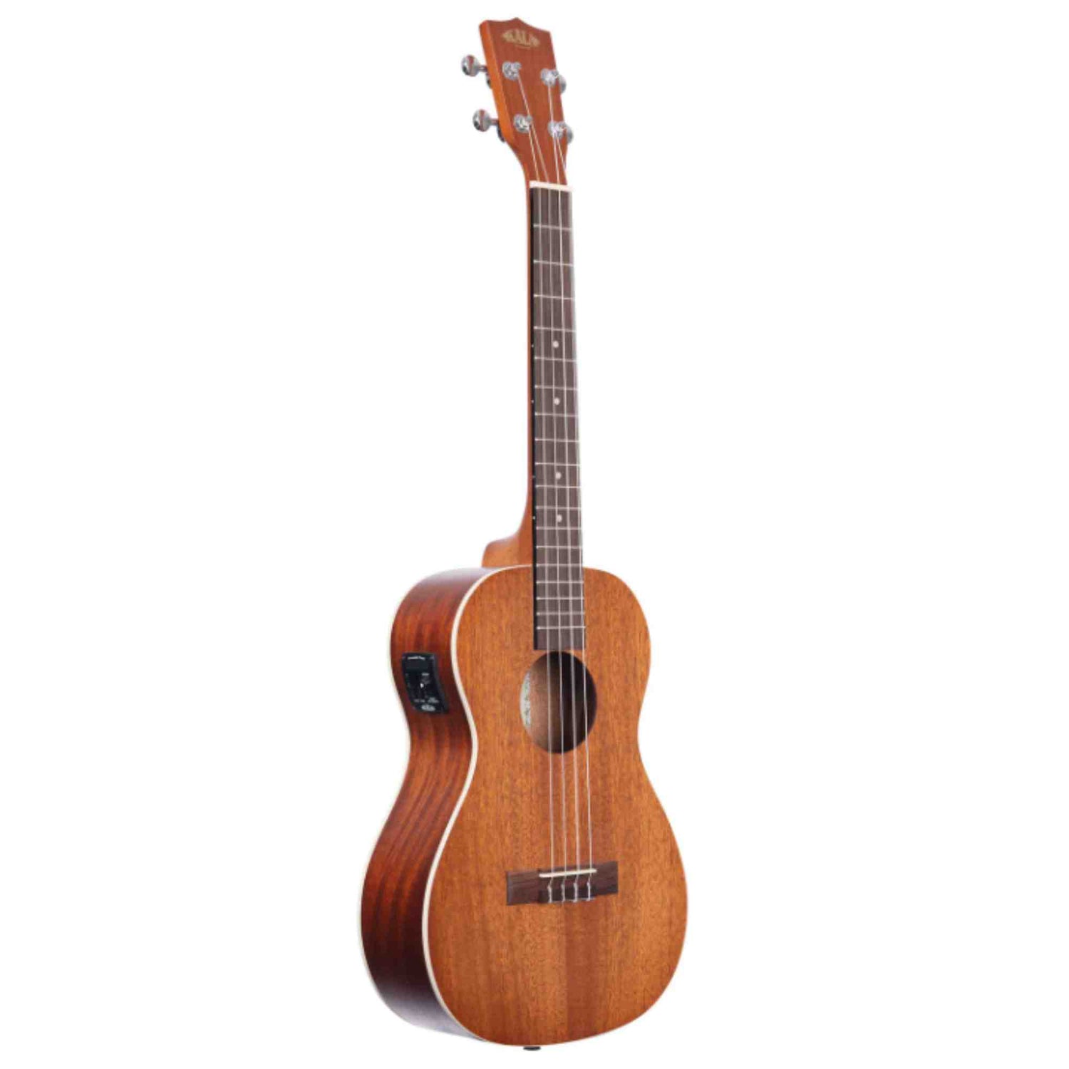 The image shows a tenor or concert-sized ukulele with a warm wood finish, likely mahogany, and a traditional figure-8 shape. It has a darker fingerboard, chrome tuning pegs, white binding, and fret markers. This acoustic-electric model features a side pickup for amplification. A brand logo is visible on the headstock but unclear. The instrument combines classic ukulele sound with electronic versatility.
