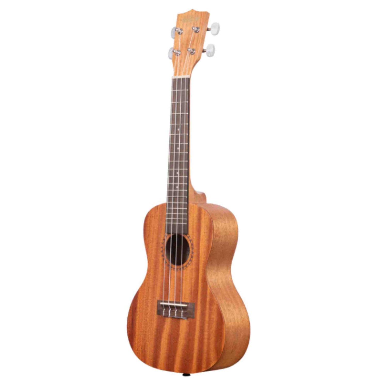 The image shows a wooden ukulele with a natural warm-toned finish, featuring four strings, four tuning pegs, a sound hole with decorative rosette, a fretted neck with position markers, and a bridge with a wooden or bone saddle. Its classic figure-8 body, likely mahogany or koa, suggests a concert or tenor size, representing a quality instrument with a traditional Hawaiian appearance.