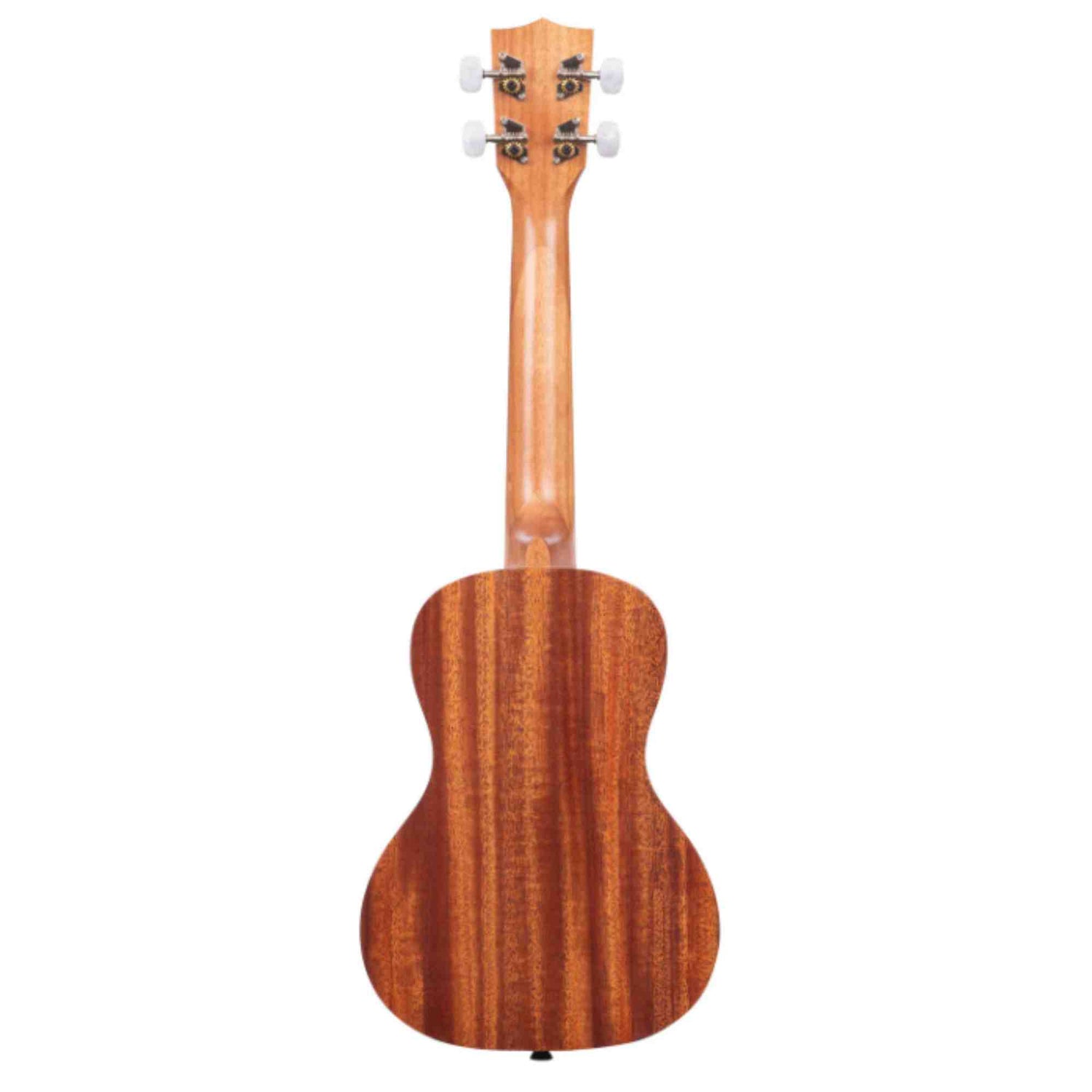 The image shows the back of a wooden ukulele, likely koa or similar wood, with a rich brown color and vertical grain pattern. It features a classic figure-8 body shape, a neck extending to a headstock with four silver tuning pegs, and appears to be a concert or tenor size.