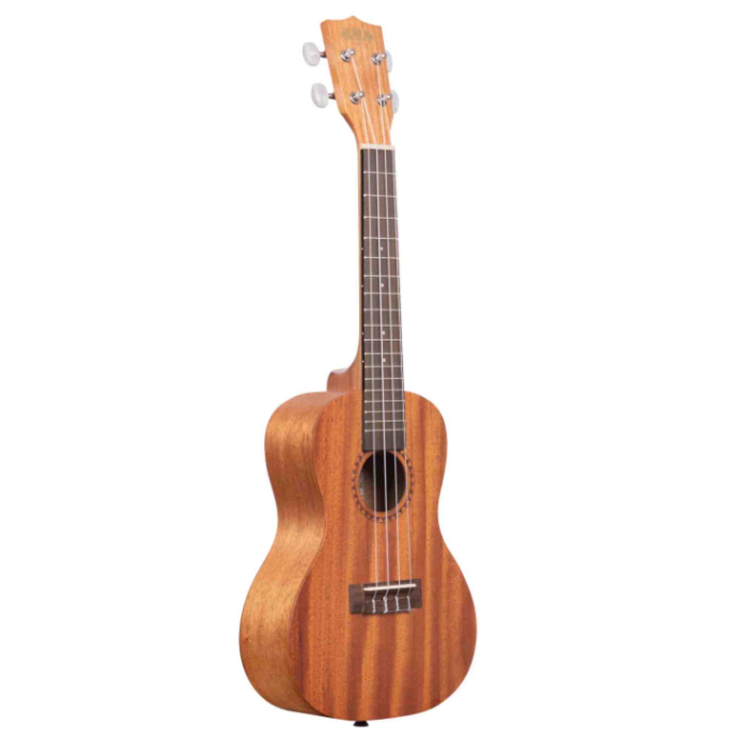 The image shows a wooden ukulele with a warm, natural finish highlighting the grain. It has four strings and tuning pegs, a circular sound hole, a dark wood fretted neck, and a traditional compact figure-8 body shape. Likely a concert or tenor size, the instrument’s wood resembles mahogany, giving it a rich golden-brown color. The ukulele is known for its bright, cheerful sound and Hawaiian musical roots.