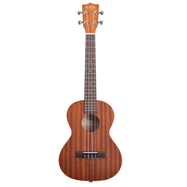 The image shows a wooden ukulele with a natural mahogany finish, featuring a classic figure-8 body shape, four strings, and four tuning pegs. It has a dark fretboard with fret markers, a central sound hole, and a bridge at the bottom. The headstock displays the brand name "KALA." This concert or tenor-sized acoustic ukulele is photographed against a white background, likely for retail or catalog display.