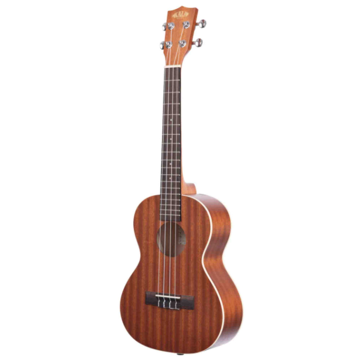 The image shows a beautiful tenor or concert-size ukulele with a warm mahogany finish and natural grain. It features four strings, a dark wooden fretboard with white dot markers, chrome tuning pegs, and a small black bridge. The compact figure-8 body is classic to ukuleles, highlighting its quality wood construction and hardware. Known for its bright, cheerful sound, this popular Hawaiian string instrument is highly portable.