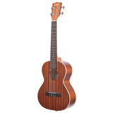 The image shows a beautiful tenor or concert-size ukulele with a warm mahogany finish and natural grain. It features four strings, a dark wooden fretboard with white dot markers, chrome tuning pegs, and a small black bridge. The compact figure-8 body is classic to ukuleles, highlighting its quality wood construction and hardware. Known for its bright, cheerful sound, this popular Hawaiian string instrument is highly portable.