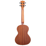 The image shows a ukulele viewed from the back, highlighting its natural honey-colored wood grain with striped patterns. It features the classic small figure-8 shape and four tuning pegs on the headstock. The wood appears to be mahogany or similar. This small, four-stringed instrument from Hawaii is known for its bright sound and is popular with both beginners and professionals.