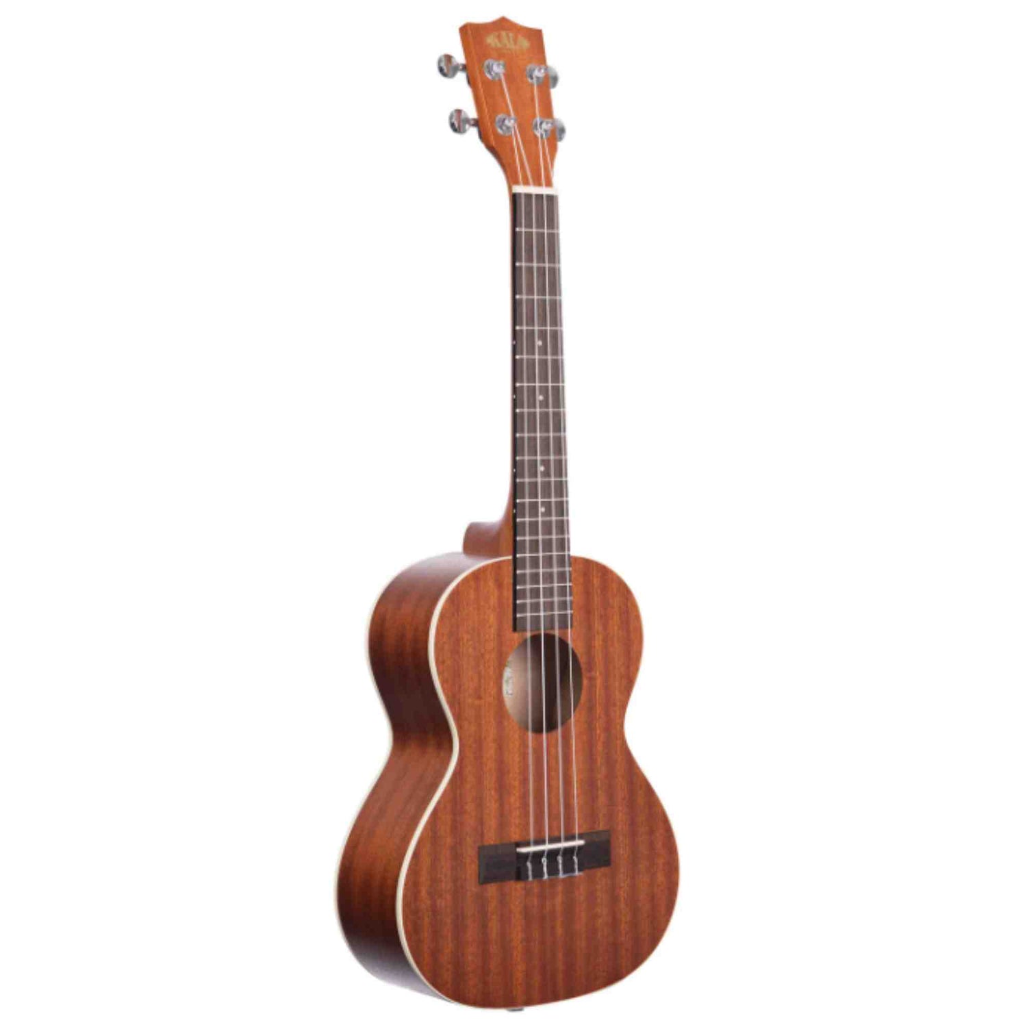 The image shows a concert or tenor-sized ukulele with a warm, reddish-brown wood finish, likely mahogany. It features four tuning pegs on a headstock branded "KALA," four strings, a dark wooden fretboard with fret markers, a traditional sound hole, a dark bridge, and cream-colored binding around the body edges. This quality instrument suits both beginners and experienced players.