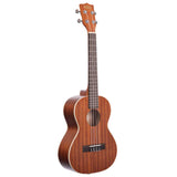 The image shows a concert or tenor-sized ukulele with a warm, reddish-brown wood finish, likely mahogany. It features four tuning pegs on a headstock branded "KALA," four strings, a dark wooden fretboard with fret markers, a traditional sound hole, a dark bridge, and cream-colored binding around the body edges. This quality instrument suits both beginners and experienced players.