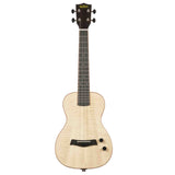 The image shows a Kala acoustic-electric ukulele with a natural wood finish and visible grain. It has a dark wood headstock and fretboard, four tuning pegs in a 2+2 arrangement, and a traditional figure-8 body shape with a black soundhole rosette. Two control knobs on the lower bout indicate built-in electronics. The fretboard has markers, and the instrument has a clean, professional finish typical of a mid- to high-range model.