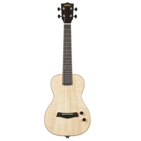 The image shows a Kala acoustic-electric ukulele with a natural wood finish and visible grain. It has a dark wood headstock and fretboard, four tuning pegs in a 2+2 arrangement, and a traditional figure-8 body shape with a black soundhole rosette. Two control knobs on the lower bout indicate built-in electronics. The fretboard has markers, and the instrument has a clean, professional finish typical of a mid- to high-range model.