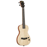 The image shows a Kala concert or tenor ukulele with a natural figured wood top and dark wood binding. It has four strings, geared tuning pegs, and a dark bridge with a compensated saddle. The fretboard features dot inlays on dark wood. This acoustic-electric model includes control knobs or an input jack on the lower bout, making it suitable for beginners and advanced players.