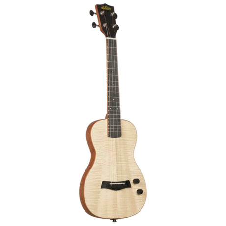 The image shows a Kala concert or tenor ukulele with a natural figured wood top and dark wood binding. It has four strings, geared tuning pegs, and a dark bridge with a compensated saddle. The fretboard features dot inlays on dark wood. This acoustic-electric model includes control knobs or an input jack on the lower bout, making it suitable for beginners and advanced players.