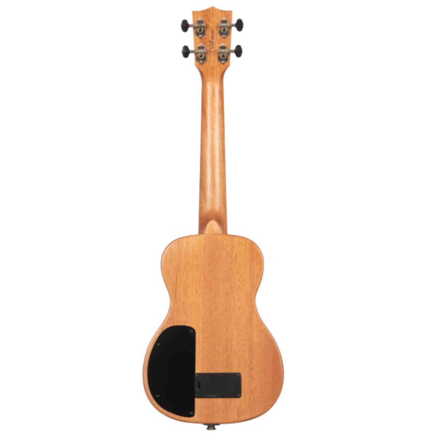 The image shows the back of a light-colored wooden ukulele, likely mahogany, with a natural finish. Visible features include a headstock with four black tuning pegs in a 2x2 layout, a slender neck, the small guitar-like body, a black sound port on the back, and the neck joint. This concert or tenor-sized ukulele has clean construction and a modern design for enhanced sound projection.
