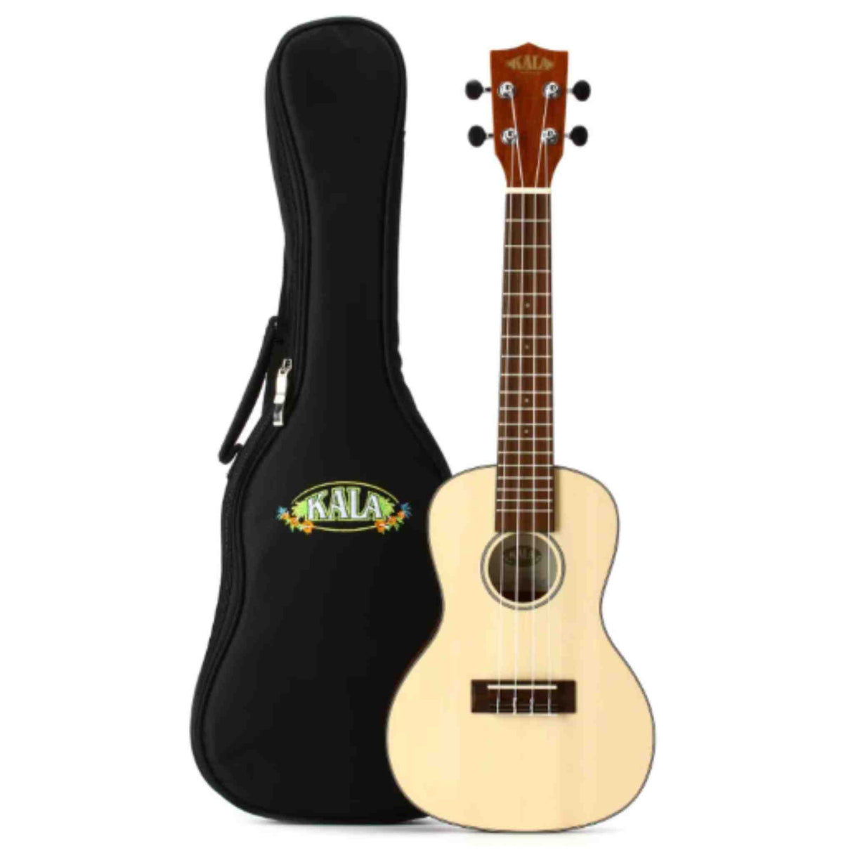 The image shows a Kala tenor or concert ukulele with a light wood top, darker back and sides, mahogany-colored neck and headstock, four nylon strings, and the Kala logo on the headstock. Next to it is a black padded Kala gig bag with a zipper and handle. The ukulele has a traditional figure-8 shape and is popular among beginners and intermediate players.