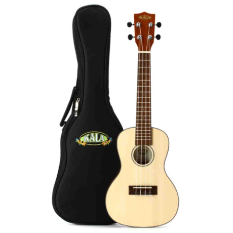 The image shows a Kala tenor or concert ukulele with a light wood top, darker back and sides, mahogany-colored neck and headstock, four nylon strings, and the Kala logo on the headstock. Next to it is a black padded Kala gig bag with a zipper and handle. The ukulele has a traditional figure-8 shape and is popular among beginners and intermediate players.
