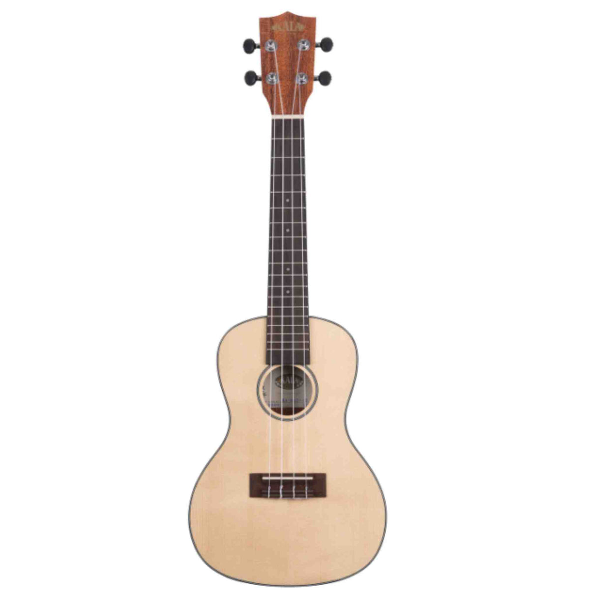 The image shows a concert or tenor ukulele with a light natural wood body, dark fretboard with dot markers, and a darker headstock featuring four tuning pegs. Four strings run from the headstock to the bridge below a central sound hole. This small, four-stringed instrument from the guitar family is known for its bright, cheerful sound and is popular in Hawaiian, folk, and contemporary music.