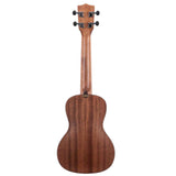The image shows the back of a wooden ukulele with a warm brown finish and visible grain. It features a 2x2 black tuner headstock, a slender neck, and the small figure-8 shaped body typical of soprano or concert ukuleles. A small label is visible on the body. This four-stringed Hawaiian instrument is smaller than a guitar, usually tuned G-C-E-A, and appears to be an entry to mid-level model.