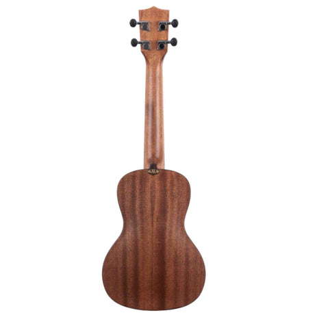 The image shows the back of a wooden ukulele with a warm brown finish and visible grain. It features a 2x2 black tuner headstock, a slender neck, and the small figure-8 shaped body typical of soprano or concert ukuleles. A small label is visible on the body. This four-stringed Hawaiian instrument is smaller than a guitar, usually tuned G-C-E-A, and appears to be an entry to mid-level model.