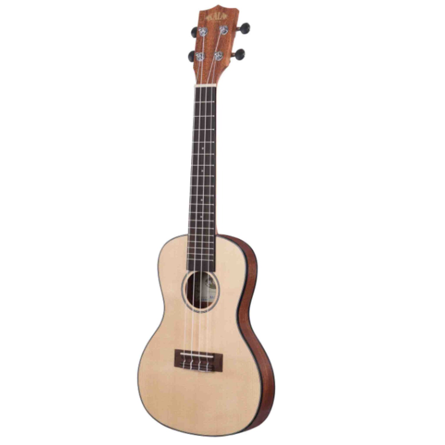 The image shows a concert or tenor ukulele with a natural wood soundboard and darker binding. It has a wooden headstock with four chrome tuning pegs, four strings, a dark fretboard with white markers, and a circular sound hole. The classic figure-8 body shape is visible, and the headstock features the brand name "Kala," indicating a quality acoustic ukulele suitable for beginners and experienced players.