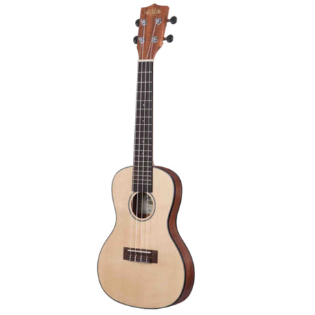 The image shows a concert or tenor ukulele with a natural wood soundboard and darker binding. It has a wooden headstock with four chrome tuning pegs, four strings, a dark fretboard with white markers, and a circular sound hole. The classic figure-8 body shape is visible, and the headstock features the brand name "Kala," indicating a quality acoustic ukulele suitable for beginners and experienced players.