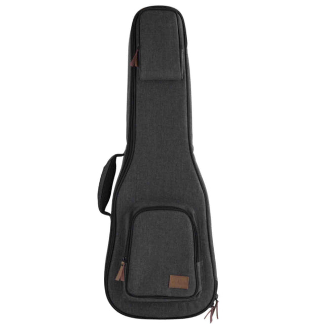 The image shows a dark gray padded guitar gig bag with a guitar-shaped silhouette, front storage pocket, and carrying handles. It features brown leather accents, matching zipper pulls, and a brand label on the pocket. Designed as a soft case, it offers lightweight, moderate protection for transporting guitars, popular among musicians for its portability and affordability.