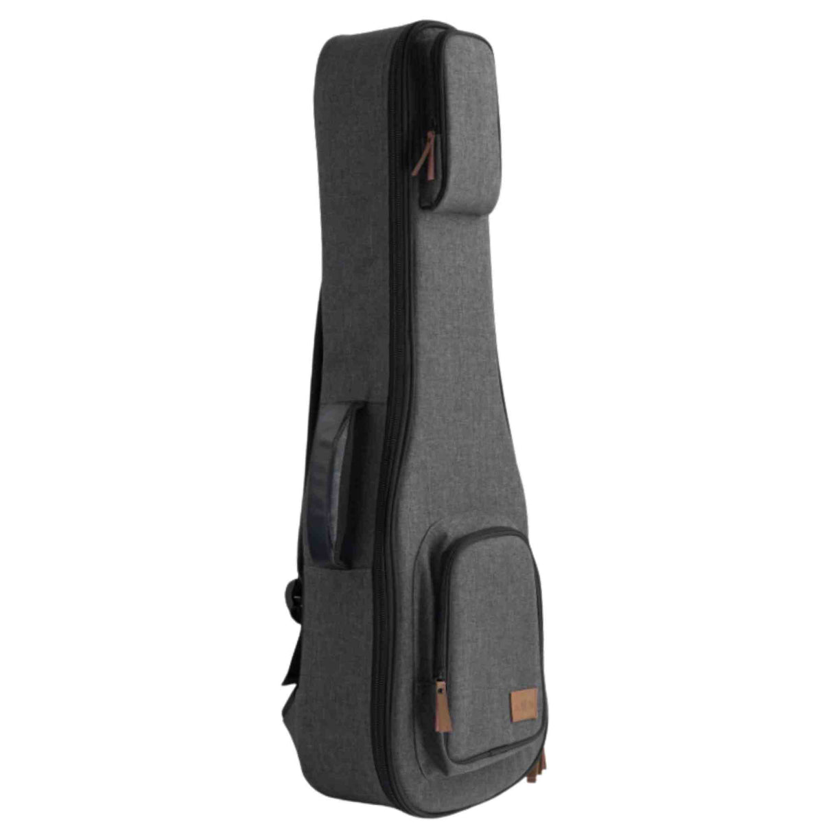 The image shows a soft-shell guitar gig bag with a dark gray textured fabric exterior, black trim, brown leather-like accents, and hardware. It has multiple carrying straps, a front pocket for accessories, and padded construction to protect the instrument. This lightweight, portable case offers protection against minor impacts, dust, and weather, making it ideal for transporting guitars to gigs, lessons, or recordings.