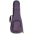 The image shows a soft-sided guitar gig bag with a purple heathered fabric exterior. It has black trim, a top handle, an adjustable shoulder strap, and a front zippered accessory pocket. Brown zipper pulls and a small brand label are visible. The bag’s shape fits an acoustic or electric guitar, offering padded protection and stylish portability for musicians.