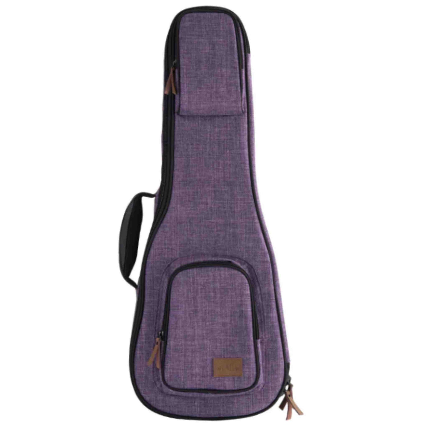 The image shows a soft-sided guitar gig bag with a purple heathered fabric exterior. It has black trim, a top handle, an adjustable shoulder strap, and a front zippered accessory pocket. Brown zipper pulls and a small brand label are visible. The bag’s shape fits an acoustic or electric guitar, offering padded protection and stylish portability for musicians.