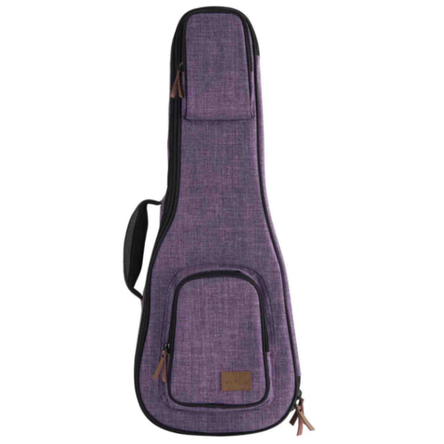 The image shows a soft-sided guitar gig bag with a purple heathered fabric exterior. It has black trim, a top handle, an adjustable shoulder strap, and a front zippered accessory pocket. Brown zipper pulls and a small brand label are visible. The bag’s shape fits an acoustic or electric guitar, offering padded protection and stylish portability for musicians.