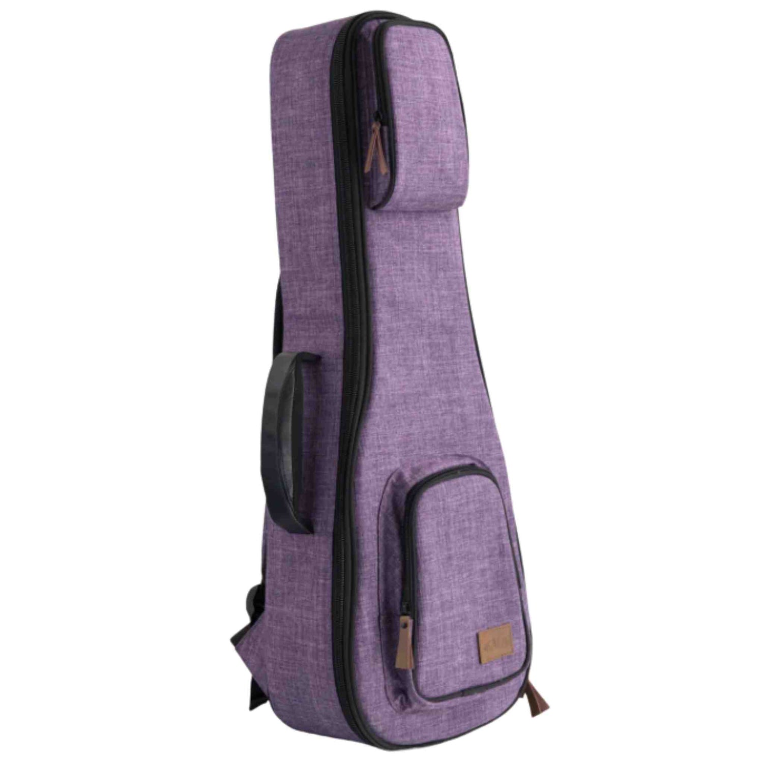The image shows a modern violin soft case or gig bag with a purple/lavender textured fabric exterior, black trim, and zippers. It has backpack-style shoulder straps, a front zippered pocket with a small tan label, and a shape tapering from the body to the neck. Designed for lightweight, portable violin storage and transport, it offers protection and convenience for musicians on the go.