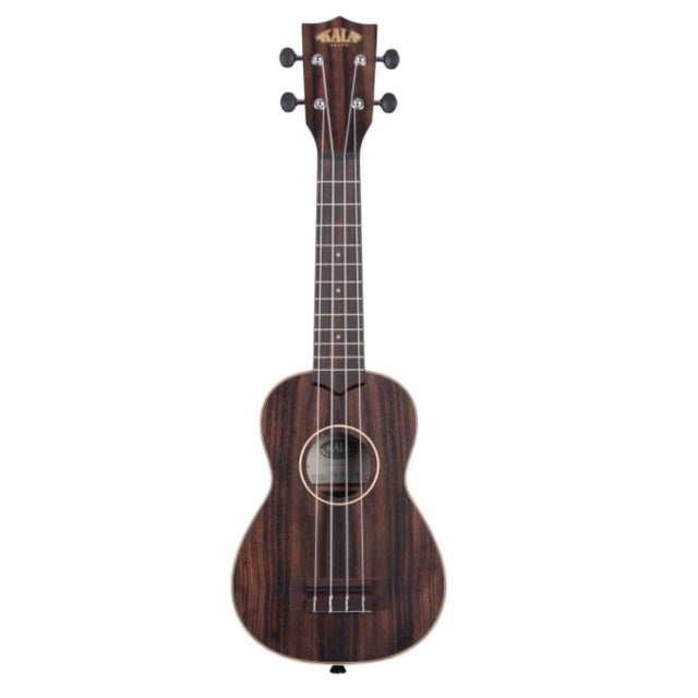 The image shows a soprano ukulele with a traditional figure-8 shape, made from dark wood with visible grain, likely koa or mahogany. It has a dark wood neck, rosewood fretboard with inlays, four strings, and a tie-bar bridge. The headstock features four tuning pegs and the "KALA" brand, indicating a well-crafted, mid- to high-range instrument with an elegant, premium finish.
