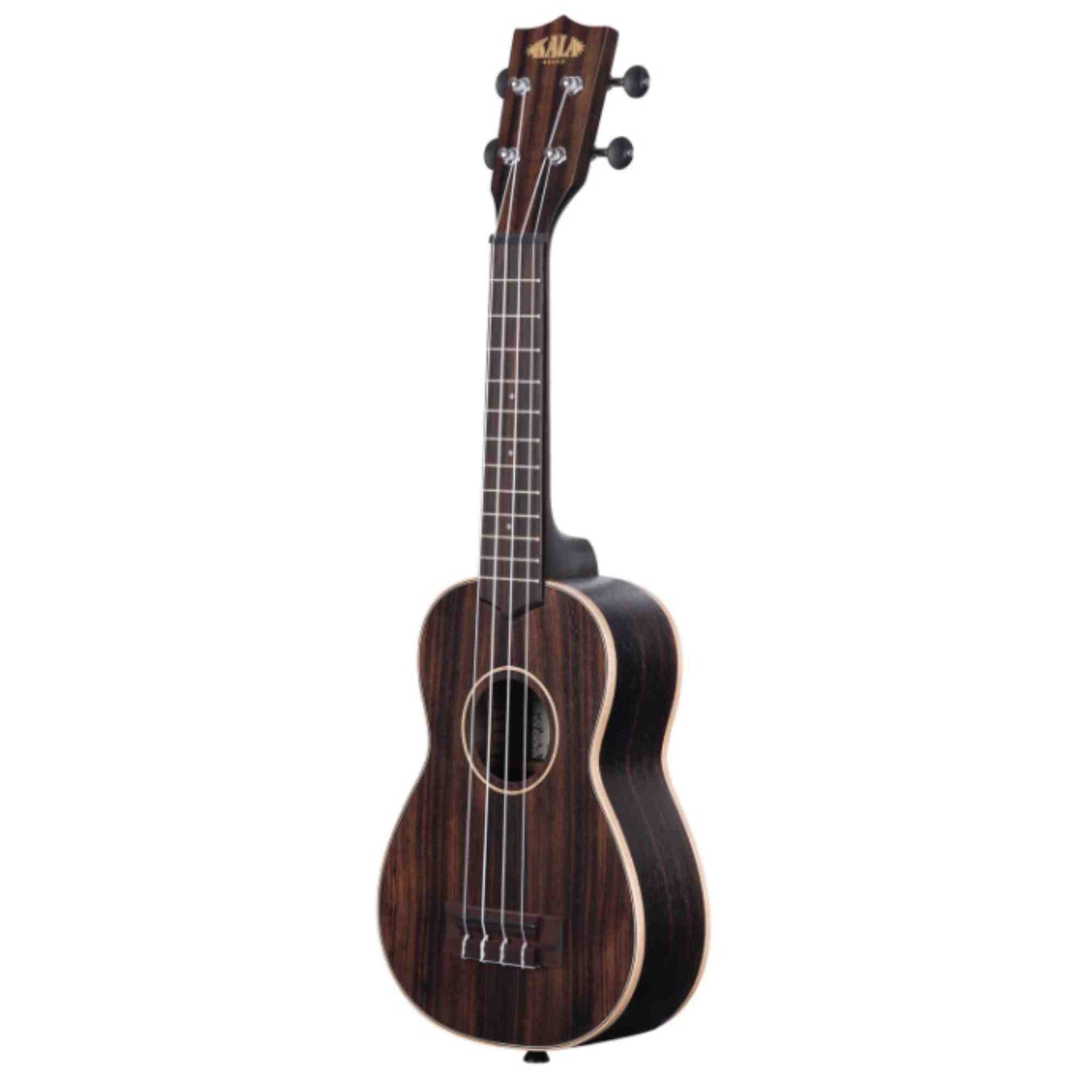 The image shows a dark wood ukulele with four strings, chrome tuning pegs, a central sound hole, and frets along the neck. It has a visible brand logo on the headstock and exhibits a traditional design with rich wood grain. The instrument is photographed against a white background, highlighting its quality craftsmanship. Ukuleles are known for their bright, cheerful sound and are popular in Hawaiian and folk music.