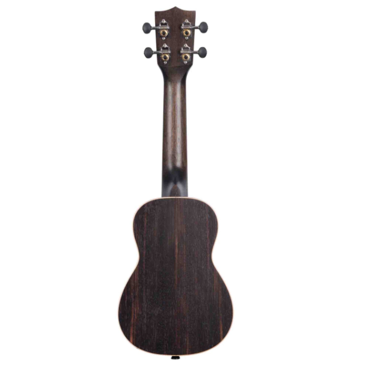The image shows the back of a ukulele with a classic small, guitar-like body. It features a dark wood finish with visible grain, four tuning pegs on the headstock, and a figure-8 shape typical of concert or tenor ukuleles. The wood has a natural matte finish, highlighting the solid craftsmanship of this popular string instrument known for its bright, cheerful sound.