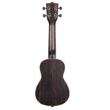 The image shows the back of a ukulele with a classic small, guitar-like body. It features a dark wood finish with visible grain, four tuning pegs on the headstock, and a figure-8 shape typical of concert or tenor ukuleles. The wood has a natural matte finish, highlighting the solid craftsmanship of this popular string instrument known for its bright, cheerful sound.