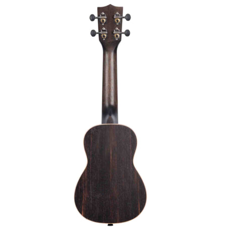 The image shows the back of a ukulele with a classic small, guitar-like body. It features a dark wood finish with visible grain, four tuning pegs on the headstock, and a figure-8 shape typical of concert or tenor ukuleles. The wood has a natural matte finish, highlighting the solid craftsmanship of this popular string instrument known for its bright, cheerful sound.