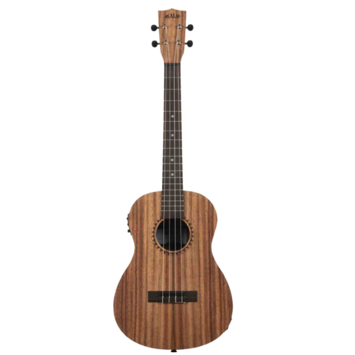 The image shows a beautiful koa or mahogany concert or tenor ukulele with a laminated wood body featuring striped grain. It has four strings and tuning pegs, a round sound hole with decorative rosette, a dark bridge, and a rosewood fretboard with markers. The headstock displays the "KALA" brand. This mid-range acoustic ukulele is suitable for beginners and intermediate players, popular in folk, Hawaiian, and acoustic music.