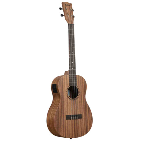 The image shows an acoustic-electric ukulele, likely a concert or tenor size, with a koa-like wood body featuring natural grain, a round soundhole with decorative rosette, a dark wood fretboard with white markers, and a matching headstock branded "KALA." It has four black tuning pegs in a 2x2 layout and a visible pickup or preamp control, indicating quality construction suitable for beginners and experienced players.