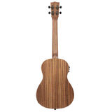The image shows the back of a wooden ukulele with a natural striped grain pattern on the body and neck. It features four tuning pegs on the headstock and a traditional compact body shape. The instrument appears to be a concert or tenor size, with clean craftsmanship suggesting mid-to-high quality. This small four-stringed ukulele is known for its portability and warm, melodic tones.
