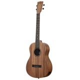 The image shows a Kala tenor or concert ukulele with a striped wood body, likely zebra wood, featuring a round soundhole with decorative rosette. It has a dark fretboard with visible markers, four tuning pegs, a black bridge, and built-in electronics with a control panel. The instrument has a clean, professional finish and an acoustic-electric design, reflecting Kala's quality craftsmanship.