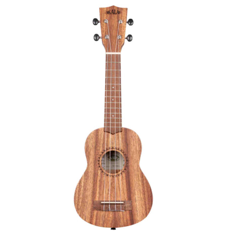 The image shows a soprano ukulele with a traditional figure-8 body made of light-colored koa-style wood. It features four nylon strings, black tuning pegs, a fretted neck with position markers, and a wooden bridge. The headstock displays the "KALA" brand name, a well-known ukulele maker. This compact, entry-to-intermediate level instrument is ideal for beginners or players seeking a portable, quality ukulele.