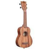 The image shows a wooden Kala ukulele with four strings, a traditional soprano or concert body shape, and a rich natural wood grain finish. It features a round sound hole with a decorative rosette, a standard fretboard with inlays, four tuning pegs on the headstock, and the brand name "KALA" visible. The ukulele’s classic figure-8 body highlights its functional design and natural wood beauty.